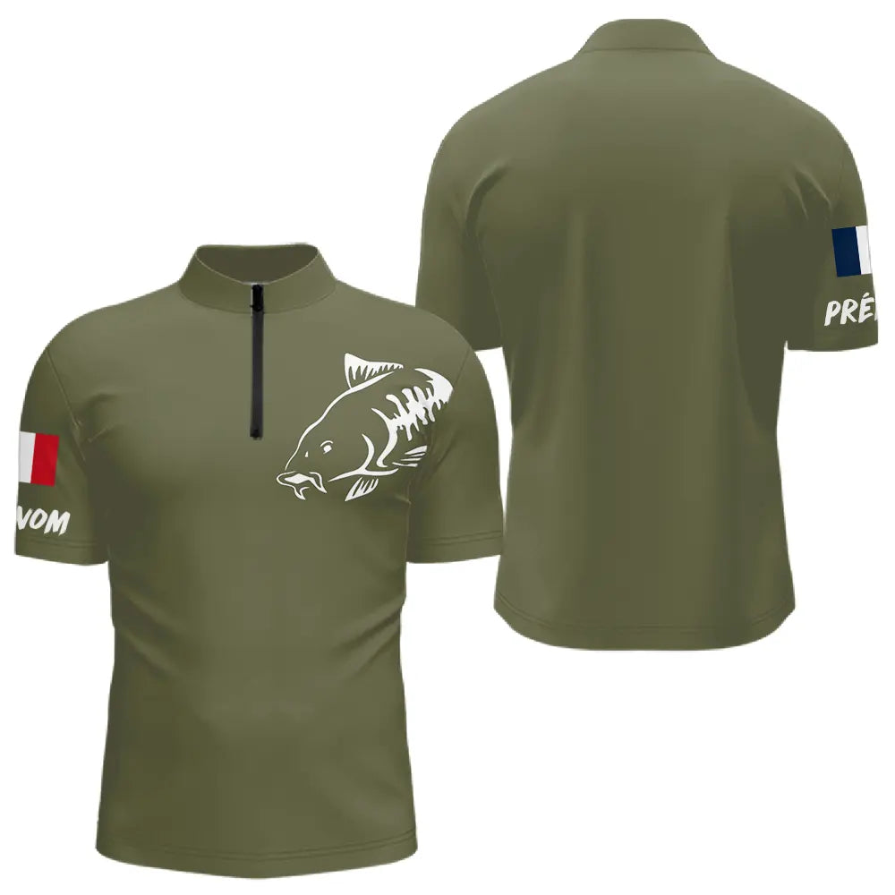 T-shirt Pêche Manches Longues Vert Kaki - Le Carpiste - Polo Zippé Homme
