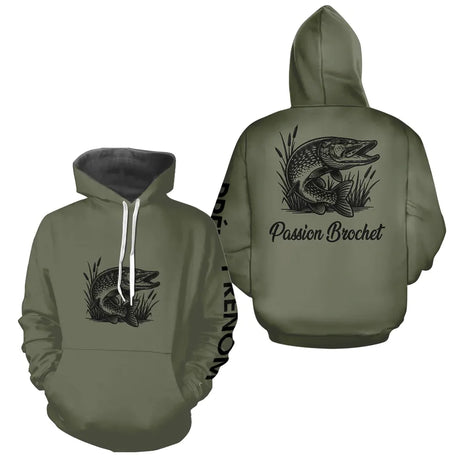T-shirt Pêche Passion Brochet - Vert Khaki Personnalisé - Hoodie Homme