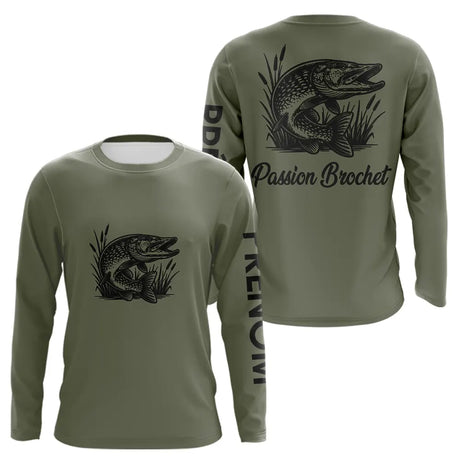 T-shirt Pêche Passion Brochet - Vert Khaki Personnalisé - Long Sleeves Homme