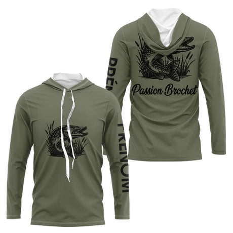 T-shirt Pêche Passion Brochet - Vert Khaki Personnalisé - Long Sleeves Hoodie Homme