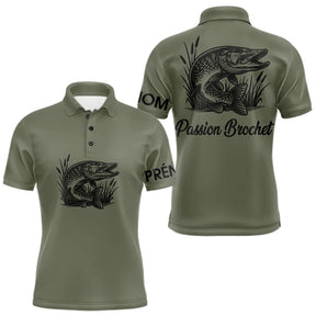 T-shirt Pêche Passion Brochet - Vert Khaki Personnalisé - Polo Homme