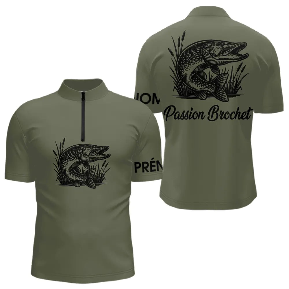 T-shirt Pêche Passion Brochet - Vert Khaki Personnalisé - Polo Zippé Homme