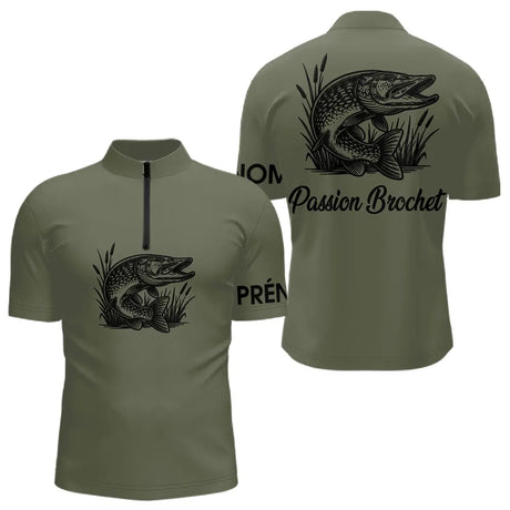 T-shirt Pêche Passion Brochet - Vert Khaki Personnalisé - Polo Zippé Homme