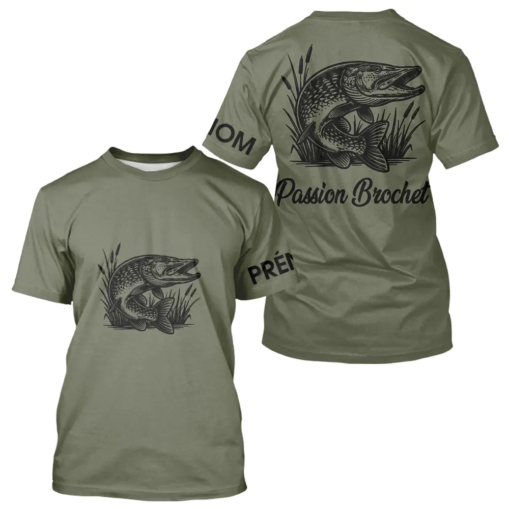 T-shirt Pêche Passion Brochet - Vert Khaki Personnalisé - T-Shirt Homme