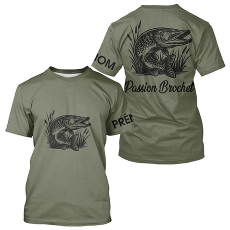 T-shirt Pêche Passion Brochet - Vert Khaki Personnalisé - T-Shirt Homme