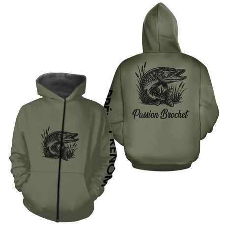 T-shirt Pêche Passion Brochet - Vert Khaki Personnalisé - Zippé Hoodie Homme