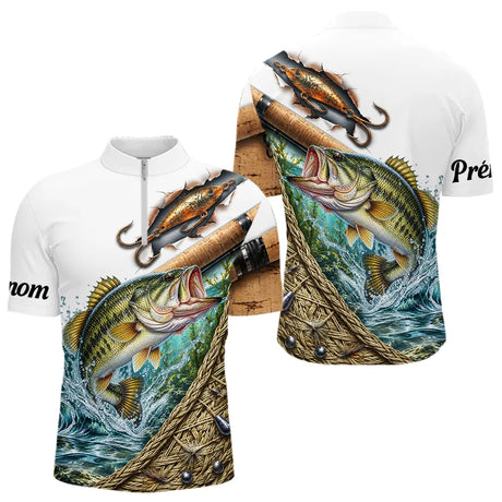 T-shirt Pêcheur 3D Bass Personnalisé Carnassier - Prénom Homme - Polo Zippé Homme