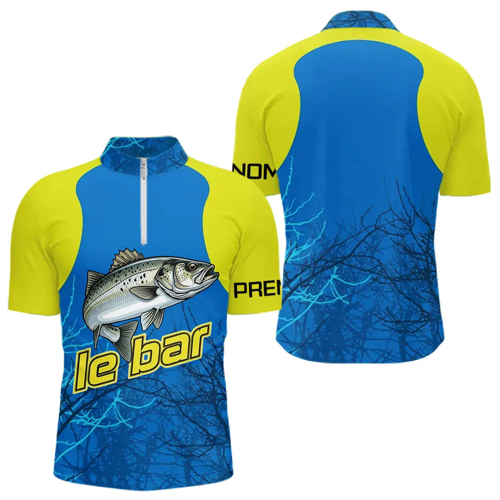 T-shirt Technique Pêche Le Bar - Jaune Bleu Personnalisé - Polo Zippé Homme