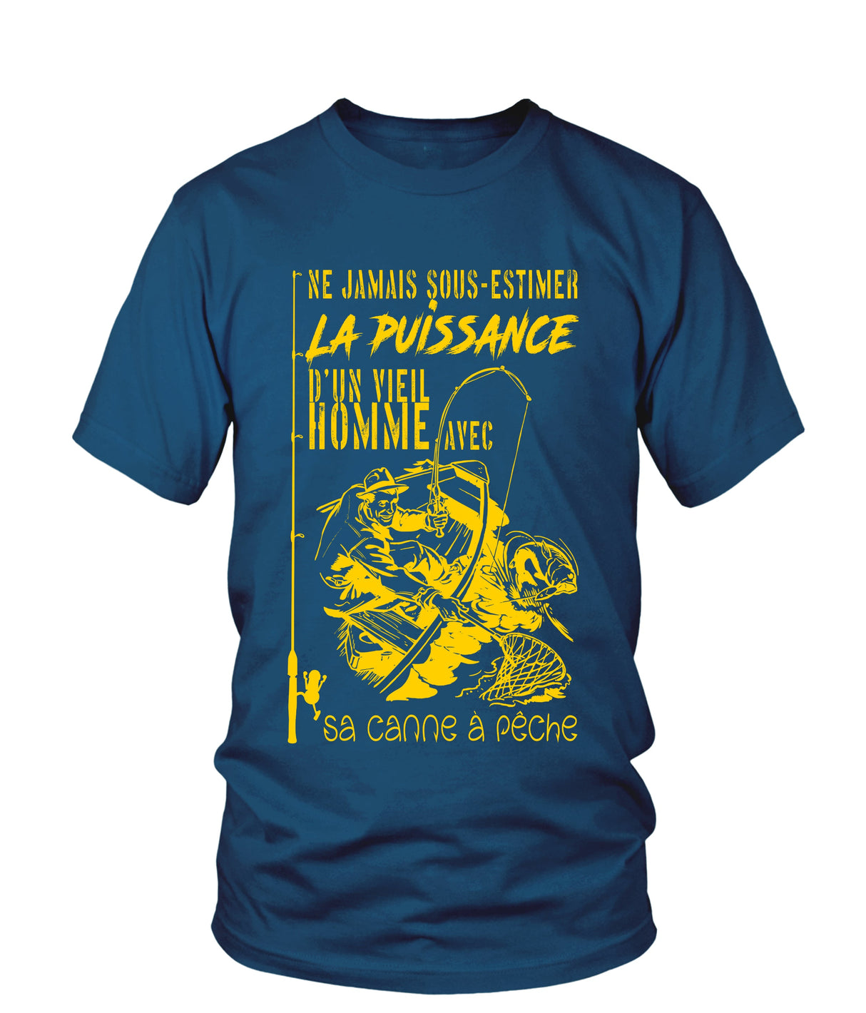 Canne À Pêche, Cadeau Vieil Pêcheur, Ne Jamais Sous-Estimer La Puissance d'Un Vieil Homme - VECHNP005 T-shirt Col Rond Bleu