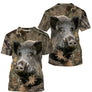 T-shirt camouflage chasse sanglier feuilles mortes brun vert ocre motif sanglier hyperréaliste all-over chasseur