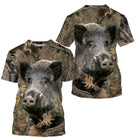 T-shirt camouflage chasse sanglier feuilles mortes brun vert ocre motif sanglier hyperréaliste all-over chasseur