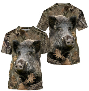 T-shirt camouflage chasse sanglier feuilles mortes brun vert ocre motif sanglier hyperréaliste all-over chasseur