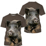 Tee-shirt chasse sanglier all-over marron motif réaliste deux têtes sangliers vue avant
