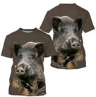 Tee-shirt chasse sanglier all-over marron motif réaliste deux têtes sangliers vue avant