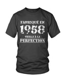 T-shirt col rond gris anthracite Fabriqué en 1958 Vieilli à la perfection lettrage blanc vintage, vue de face