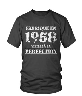 T-shirt col rond gris anthracite Fabriqué en 1958 Vieilli à la perfection lettrage blanc vintage, vue de face