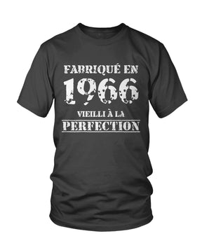 T-shirt col rond gris anthracite Fabriqué en 1966 Vieilli à la perfection lettrage blanc vintage, vue de face