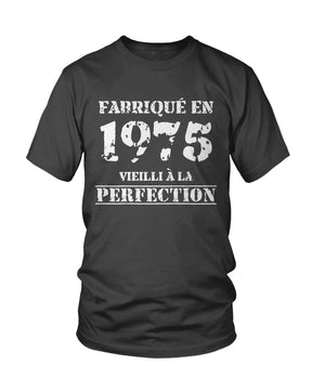 T-shirt col rond gris anthracite Fabriqué en 1975 Vieilli à la perfection lettrage blanc vintage, vue de face