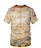 T-shirt all-over carte au trésor pirates parchemin sépia vieilli compas symboles cabalistiques X butin, vue de face