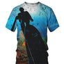 T-shirt all-over chasse sous-marine plongeur arbalète apnée bleu océan profond bulles d'air, vue de face