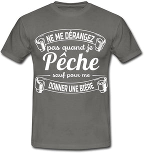 T-shirt humour pêche pêcheur gris message blanc Ne me dérangez pas sauf bière avec deux pintes dessinées