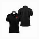 Polo snooker personnalisé homme noir uni avec logo « The Butcher » et triangle de billard rouge sur la poitrine