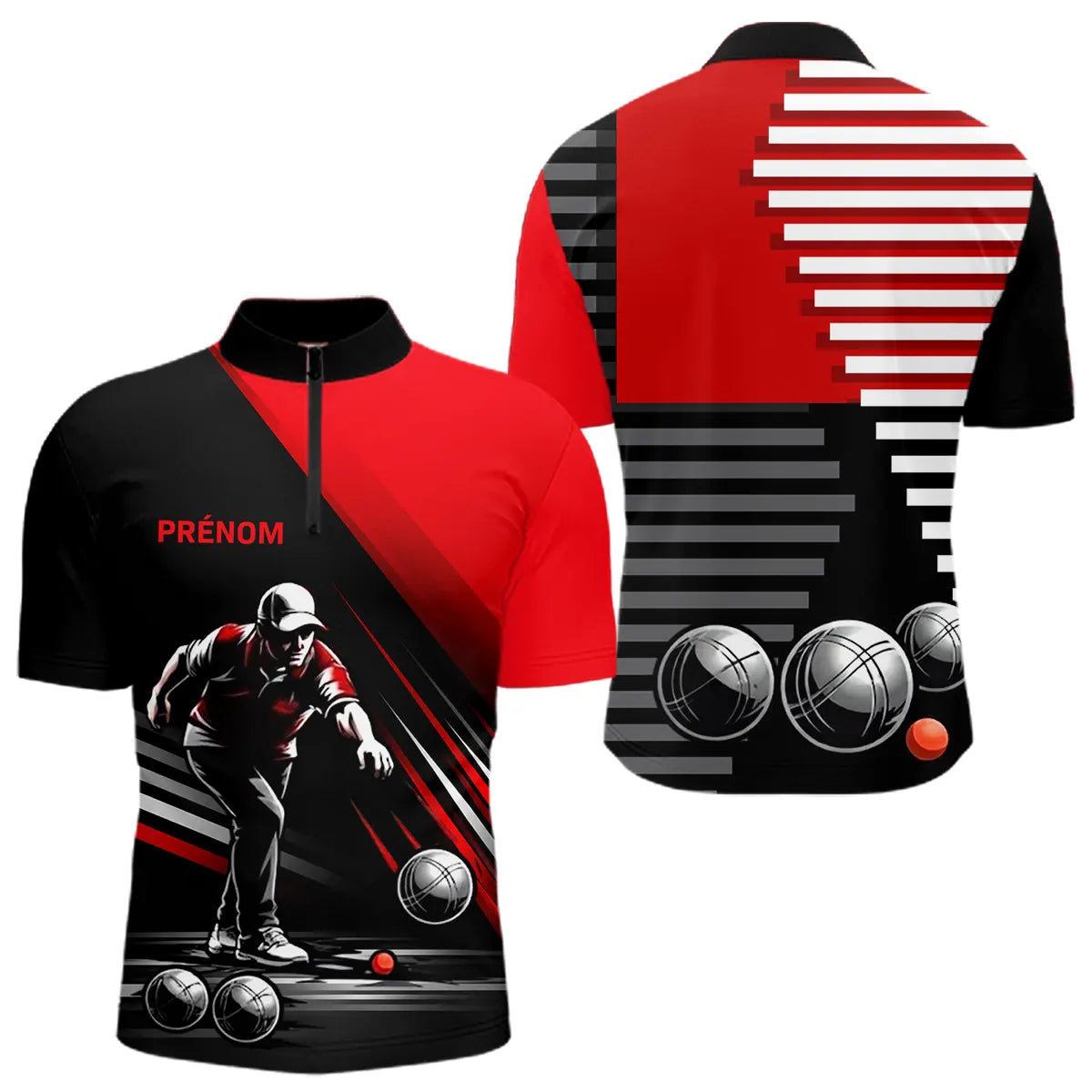 Vêtement Pétanque Club - Homme Femme Noir & Rouge - Polo Zippé Homme