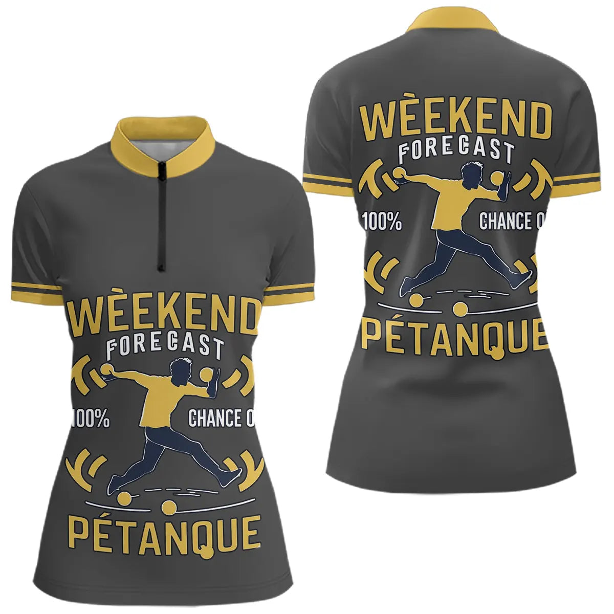 Vêtement Tournoi Pétanque Gris & Jaune - Design Accessoire Joueur - Polo Zippé Femme