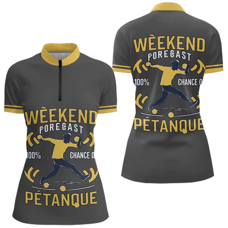 Vêtement Tournoi Pétanque Gris & Jaune - Design Accessoire Joueur - Polo Zippé Femme