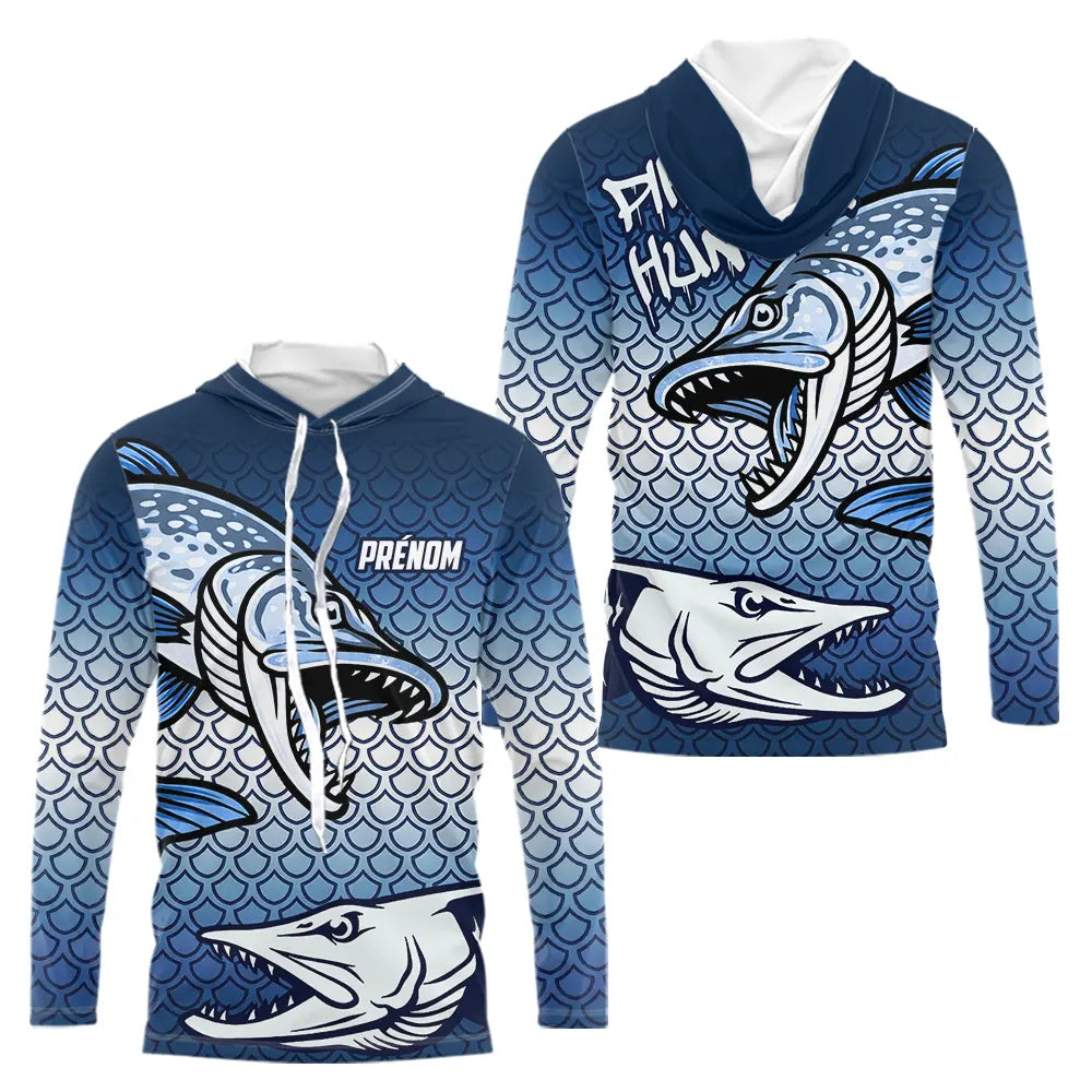 Vetements Pêcheur Brochet Personnalisé - Bleu & Blanc Homme Sportif - Long Sleeves Hoodie Homme