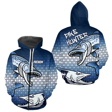 Vetements Pêcheur Brochet Personnalisé - Bleu & Blanc Homme Sportif - Zippé Hoodie Homme