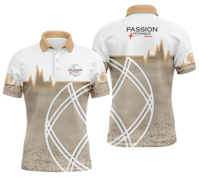 Polo Passion Pétanque Genève blanc et beige sable lignes courbes logo association personnalisable