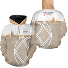 Sweat à capuche Passion Pétanque Genève blanc et beige sable design lignes courbes logo personnalisable