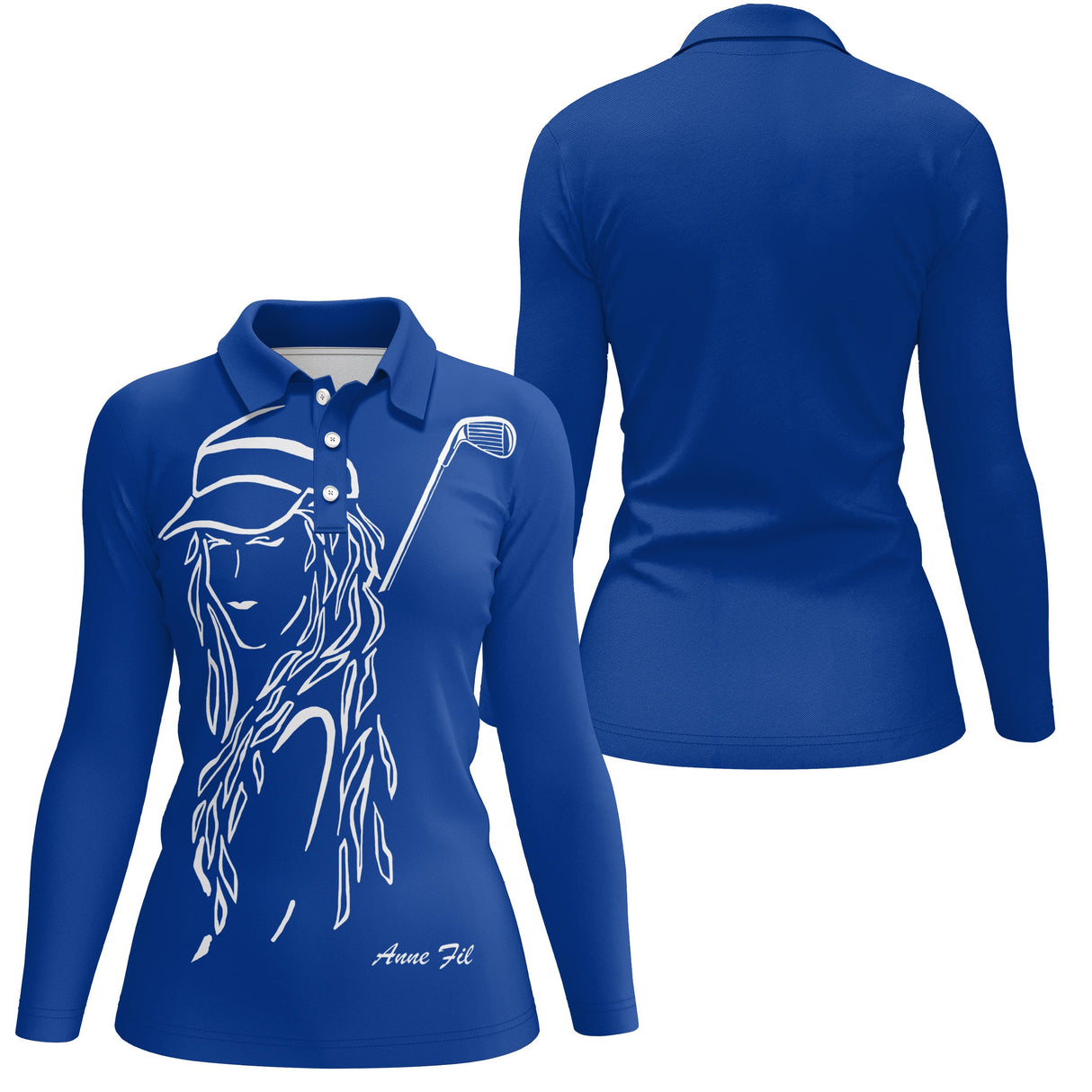 Polo manches longues homme bleu silhouette golfeur swing devant prénom personnalisé