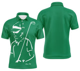 Polo golf femme bleu silhouette golfeuse swing devant prénom manche personnalisé