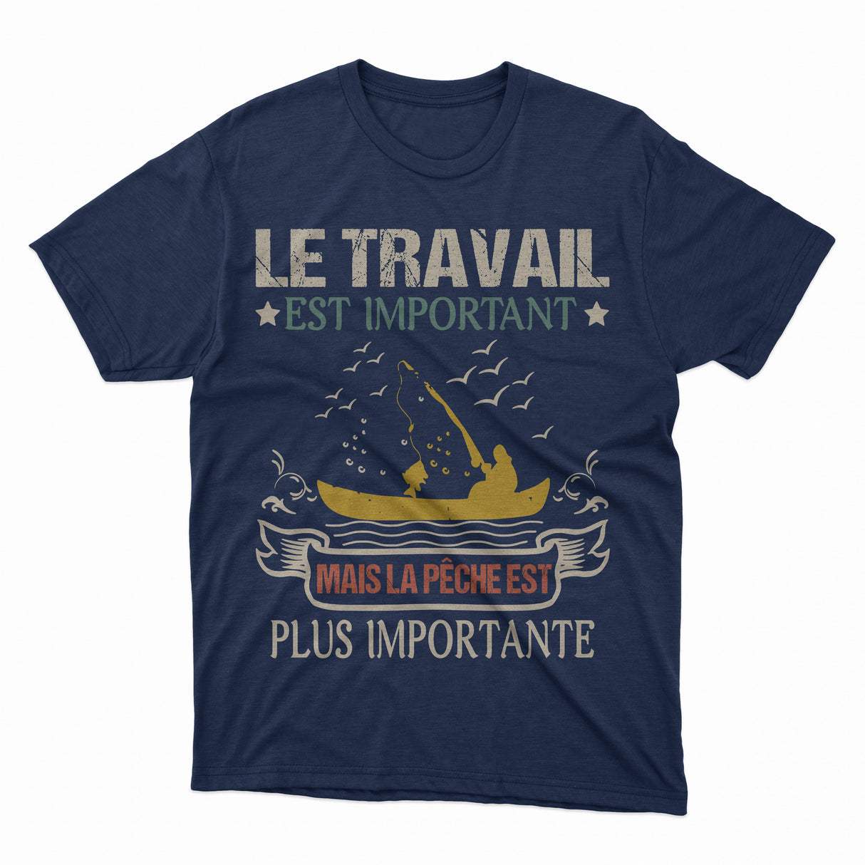 Débardeur humour pêche lettrage silhouette pêcheur barque fond noir