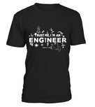 T-shirt noir unisexe avec slogan Trust Me I'm An Engineer entouré d'icônes scientifiques techniques