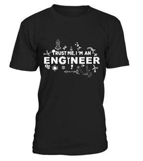 T-shirt noir unisexe avec slogan Trust Me I'm An Engineer entouré d'icônes scientifiques techniques
