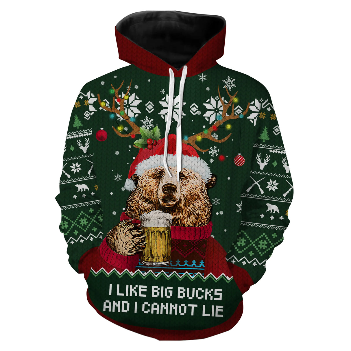 Grüner Weihnachtspullover, Bär trinkt Bier, Muster „I Like Big Bucks“, Weihnachtsgeschenk für die Familie – CT07112237