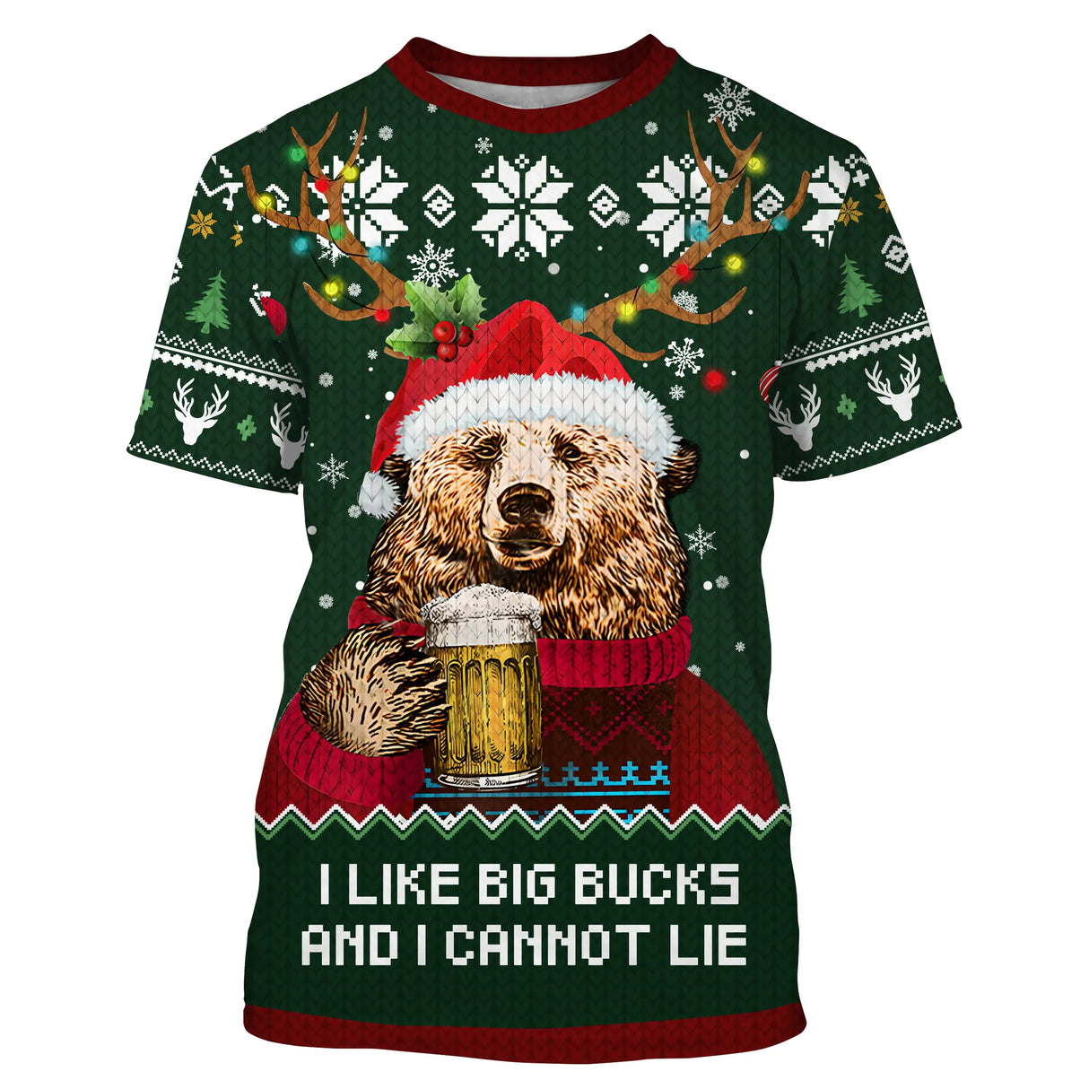 Grüner Weihnachtspullover, Bär trinkt Bier, Muster „I Like Big Bucks“, Weihnachtsgeschenk für die Familie – CT07112237