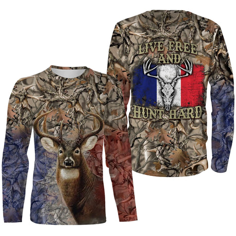 T-shirt da caccia al cervo, caccia dura dal vivo, bandiera della Francia, mimetica da caccia - CT06092219