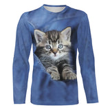 Camiseta azul para hombre y mujer con estampado 3D de lindo gato, diario, fin de semana, cuello redondo normal - CT16012318