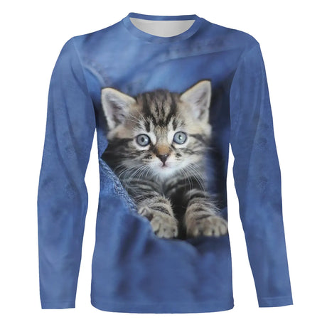 Camiseta azul para hombre y mujer con estampado 3D de lindo gato, diario, fin de semana, cuello redondo normal - CT16012318
