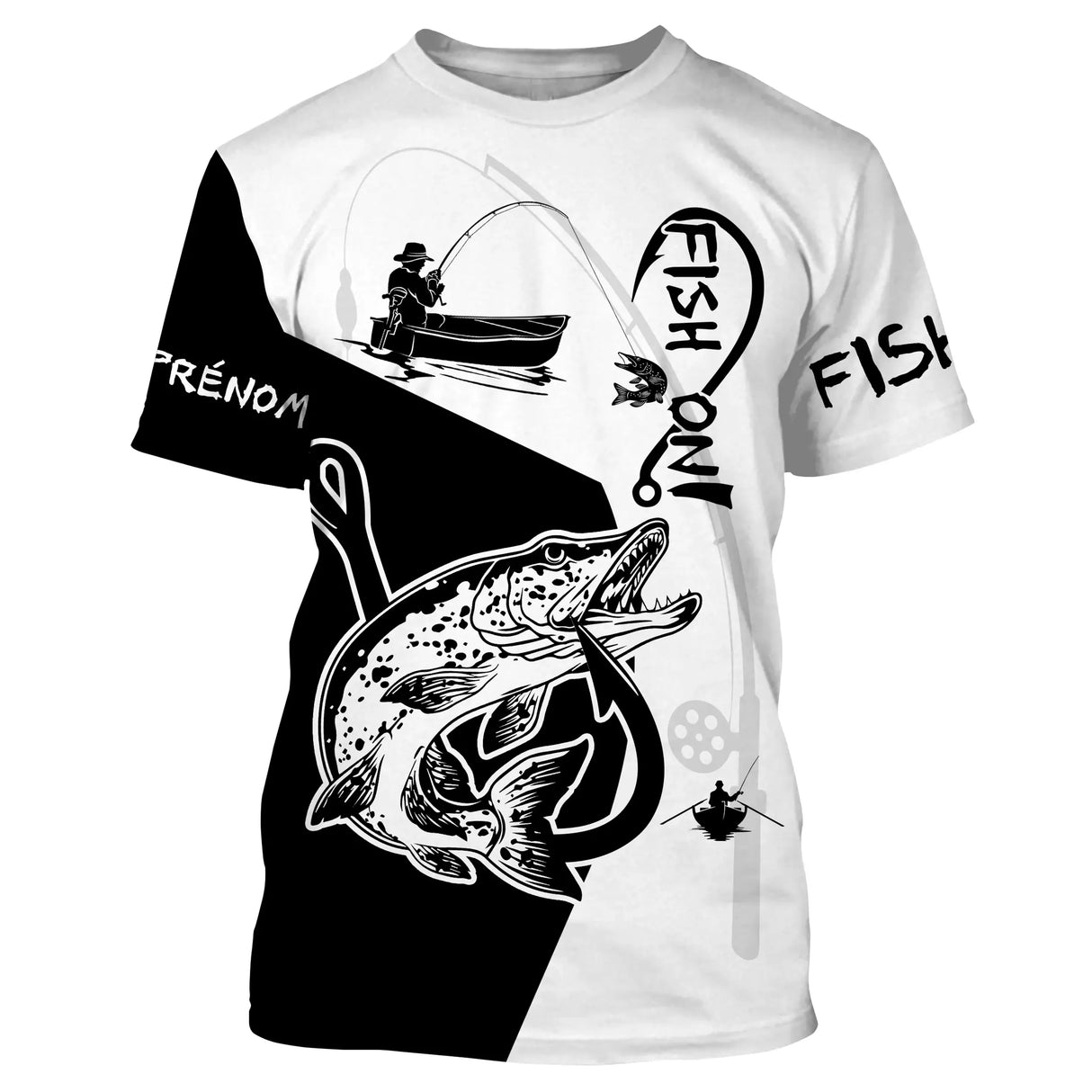 Pêche du Brochet, Noir et Blanc, Hameçon, Fish On, Cadeau Peronnalisé Pêcheur - CT20072210 T-shirt All Over Col Rond Unisexe