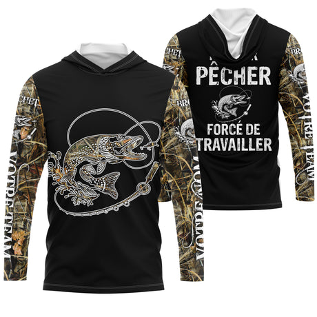 T-shirt Pêcheur Brochet "Né Pour Pêcher, Force de Travailler" - Protection UV & Style - CT24072023 Noir