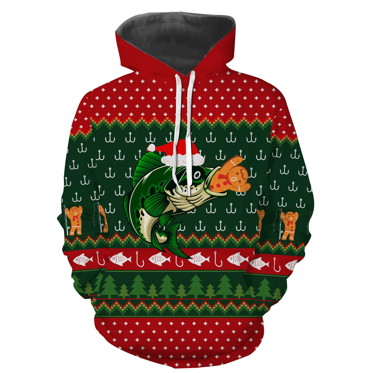 Suéter navideño, regalo de Navidad de pescador, patrón de anzuelo de pesca, pez y gorro de Papá Noel - CT12112239