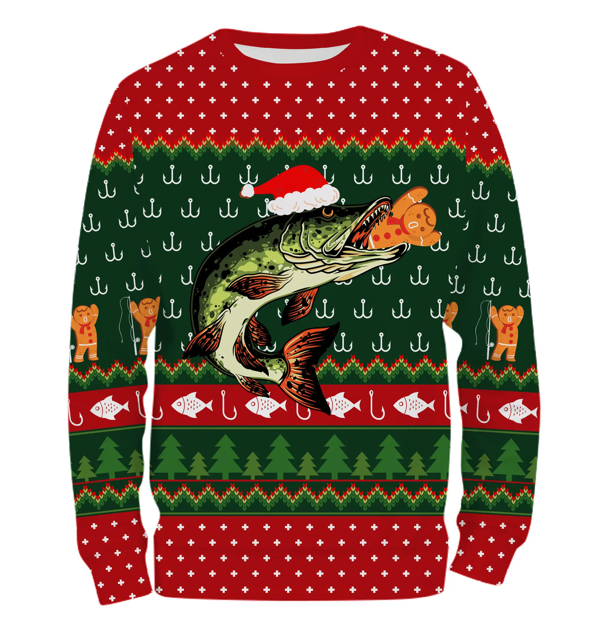 Suéter navideño, regalo de Navidad de pescador, patrón de anzuelo de pesca, lucio y gorro de Papá Noel - CT15112230