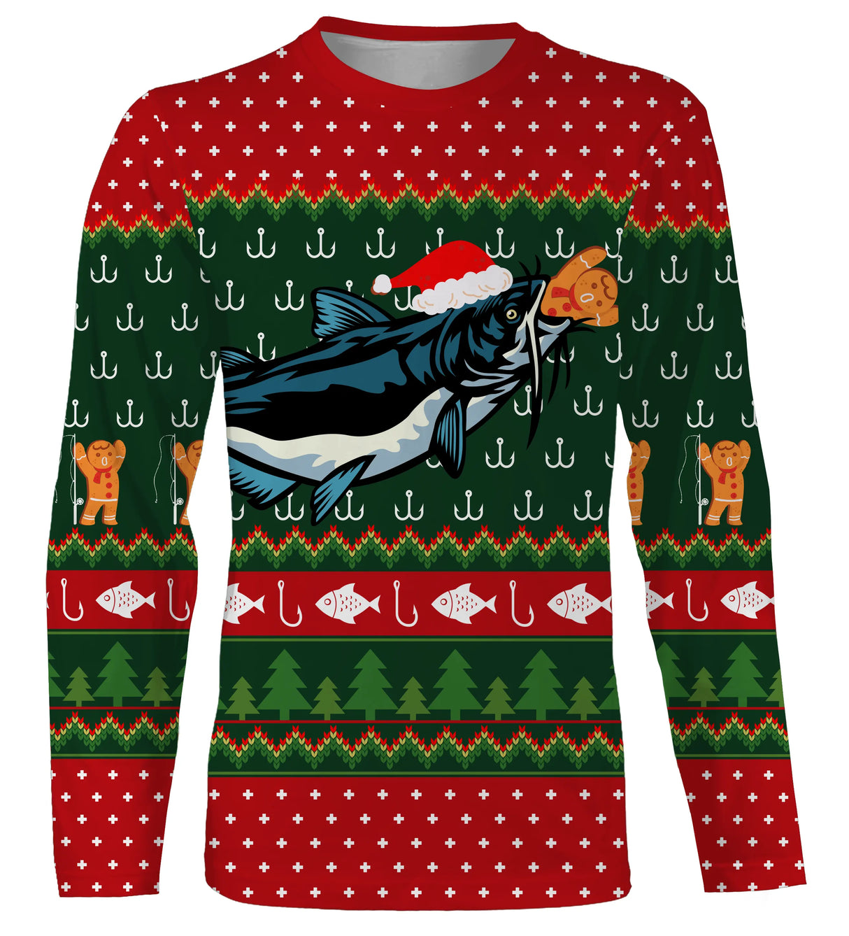 Suéter navideño, regalo navideño de pescador, patrón de anzuelo de pesca, bagre y gorro de Papá Noel - CT15112231