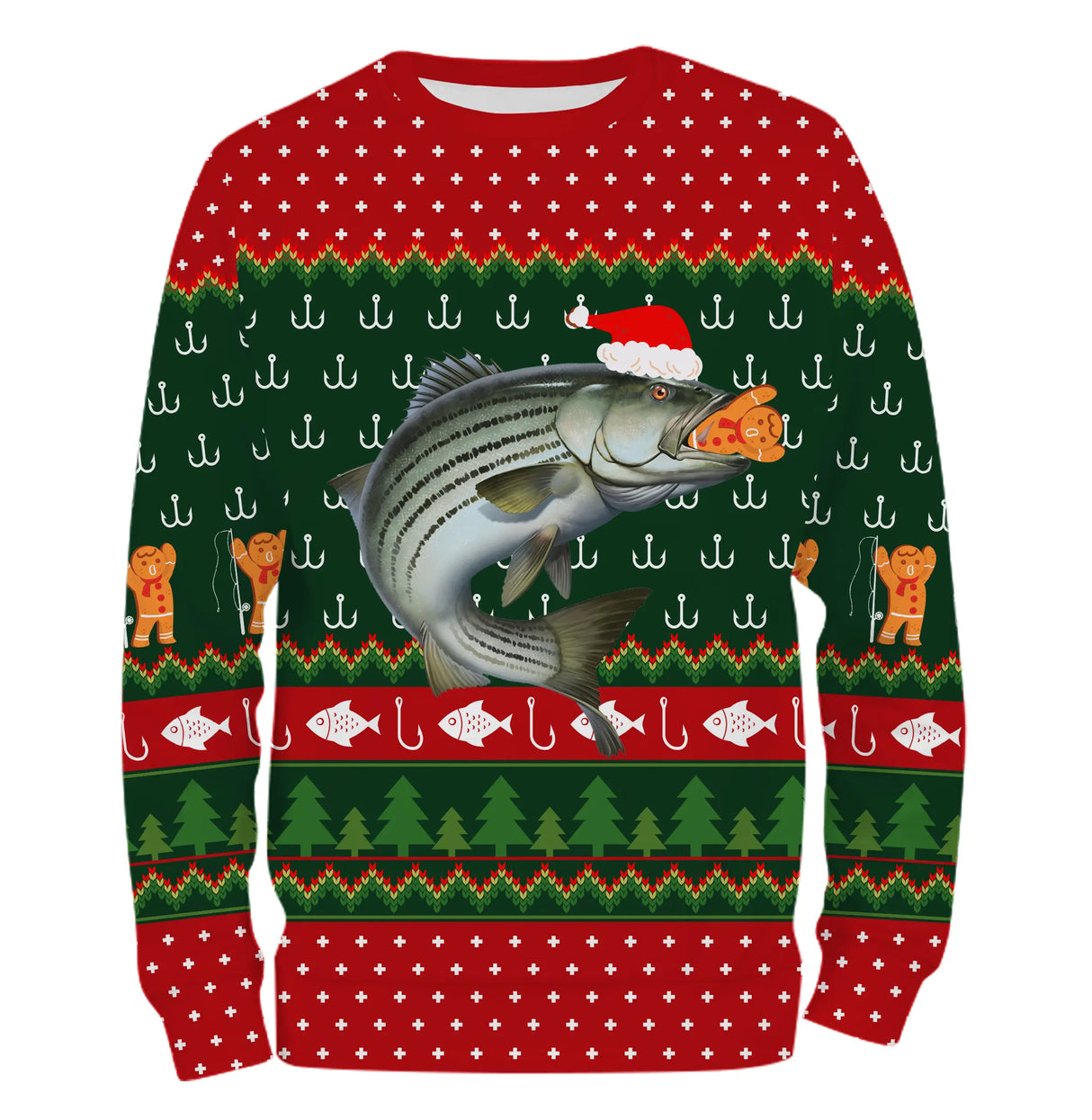 Suéter navideño, regalo navideño de pescador, patrón de anzuelo de pesca, lubina y gorro de Papá Noel - CT15112232