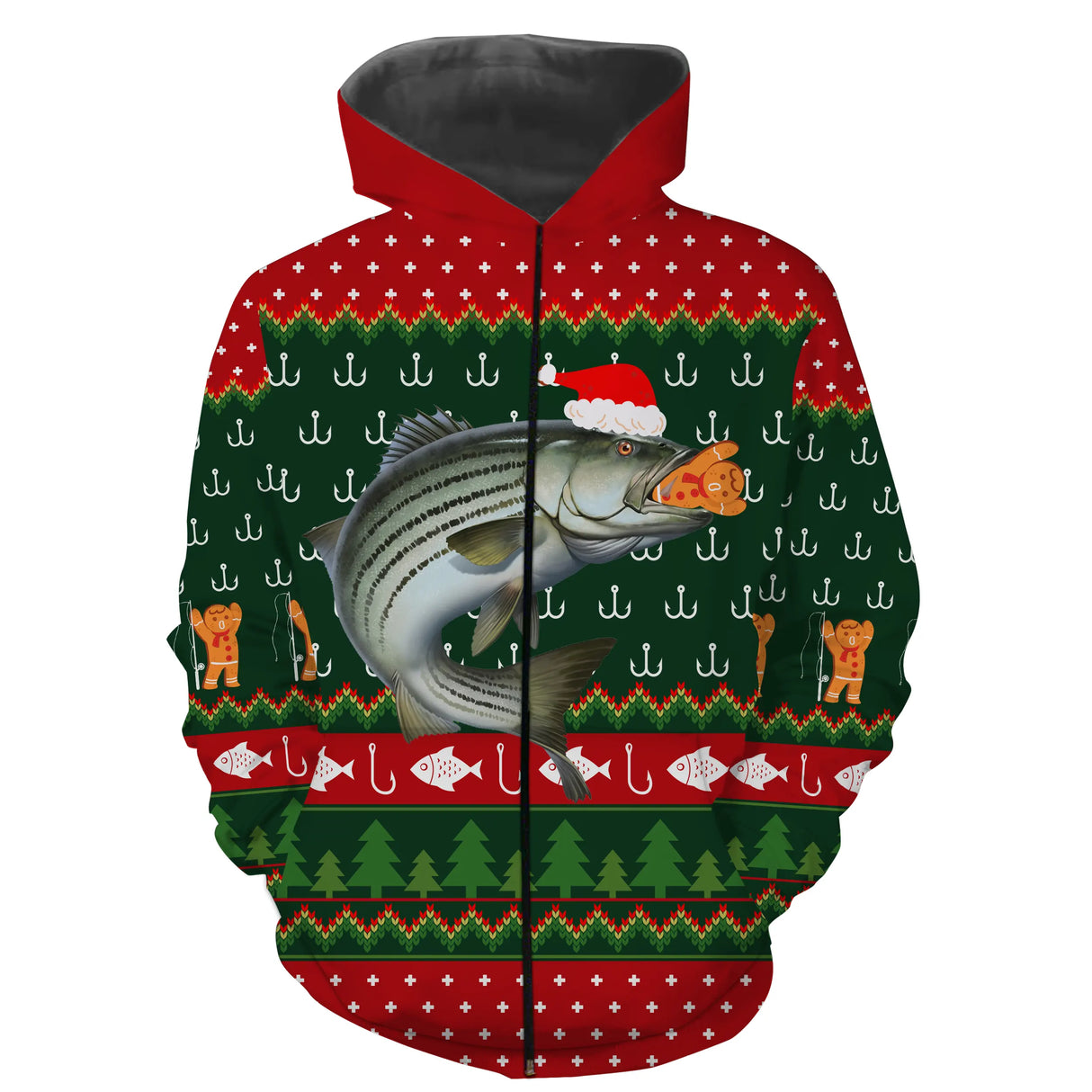 Suéter navideño, regalo navideño de pescador, patrón de anzuelo de pesca, lubina y gorro de Papá Noel - CT15112232